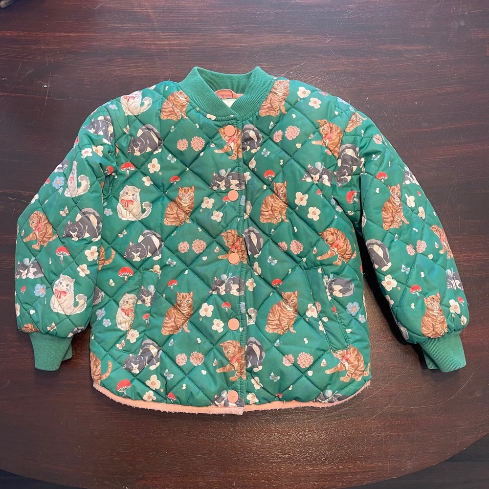 Mini Boden Kids Green Quilted Cat Mushroom Sherpa Lined Bomber Jacket 5-6Y